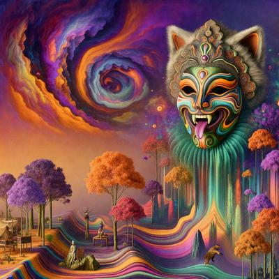 The primary subject of the image is a face, which appears to be a mask or a sculpture. The face is surrounded by a vibrant and colorful environment, featuring trees, a sky, and a purple background. The visual style of the image is digital art, as it appears to be a painting or a digital illustration. The colors and mood of the image are lively and energetic, with the face and the surrounding environment creating a dynamic and engaging scene.